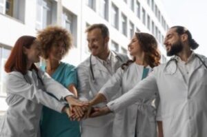 Equipe médica unida com as mãos sobrepostas simbolizando colaboração na gestão hospitalar personalizada da Medsol