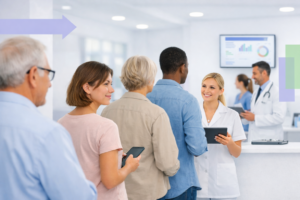 Pacientes em fila organizada na recepção de hospital moderno, sendo atendidos por profissionais de saúde com tablets, representando gestão eficiente e redução de tempo de espera.