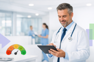Médico sorridente usando tablet em ambiente hospitalar moderno, com gráfico de satisfação de pacientes ao fundo, representando avaliação da qualidade do atendimento.