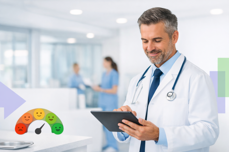 Médico sorridente usando tablet em ambiente hospitalar moderno, com gráfico de satisfação de pacientes ao fundo, representando avaliação da qualidade do atendimento.